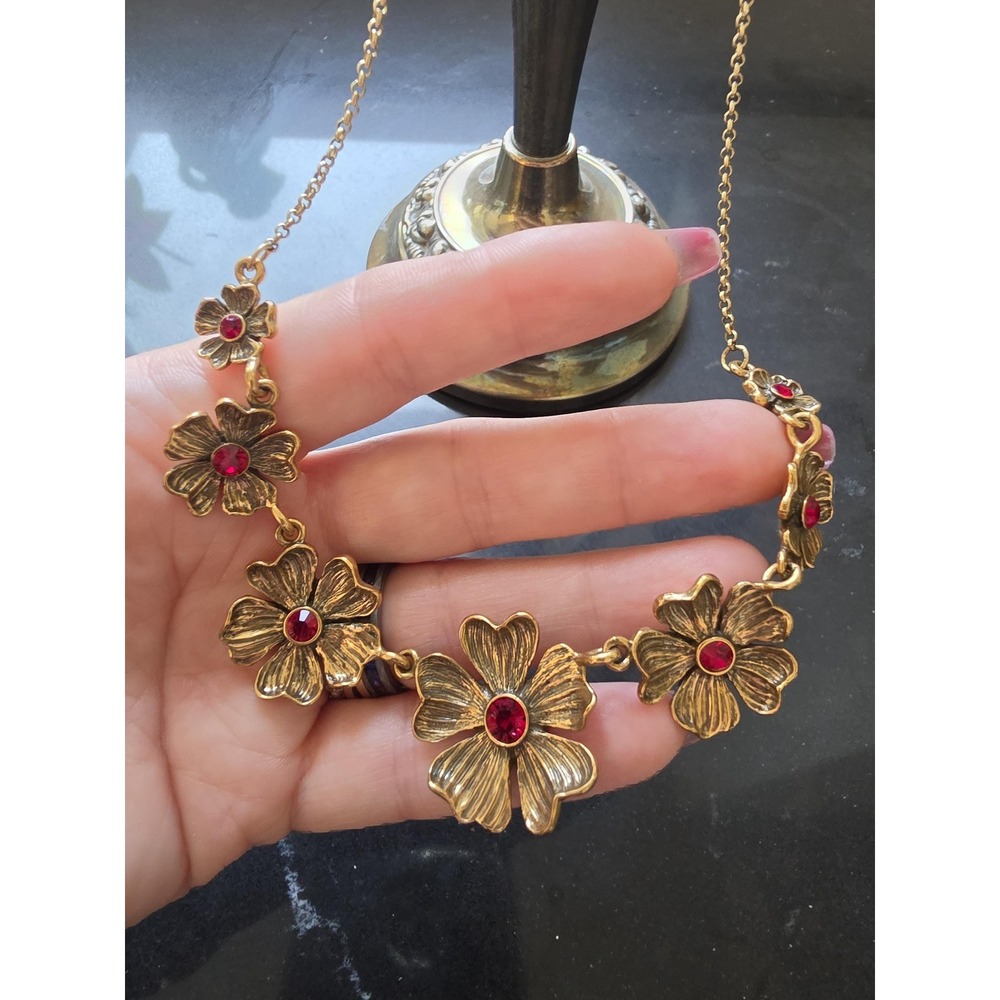 Vintage Pilgrim Danish Design Floral Statement Necklace Red Crystal Gold Tone